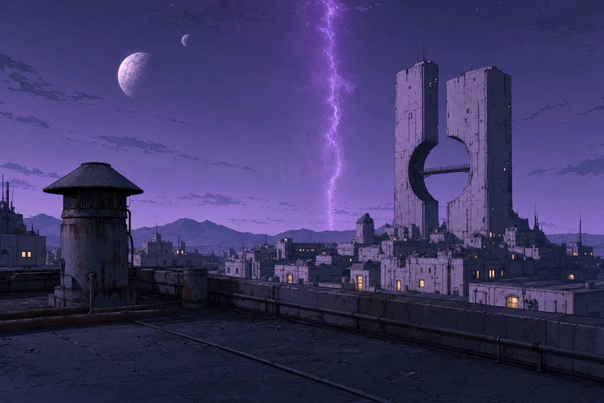 A futuristic skyline beneath a violet sky, from Per Aspera concept artwork